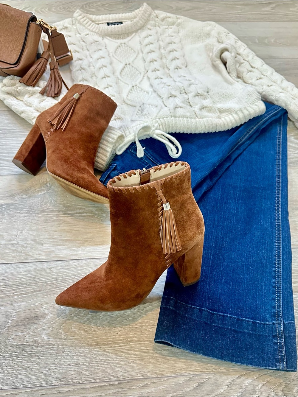 WHBM Kamila Cognac Suede Tassel Ankle Booties 8.5 Pointed